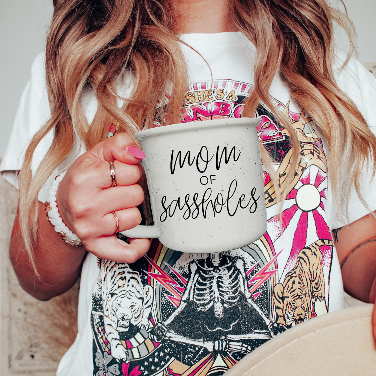 Mom Of Sassholes 14.5oz Ceramic Campfire Mug White Sesame Glaze Speckled Design Double Sided