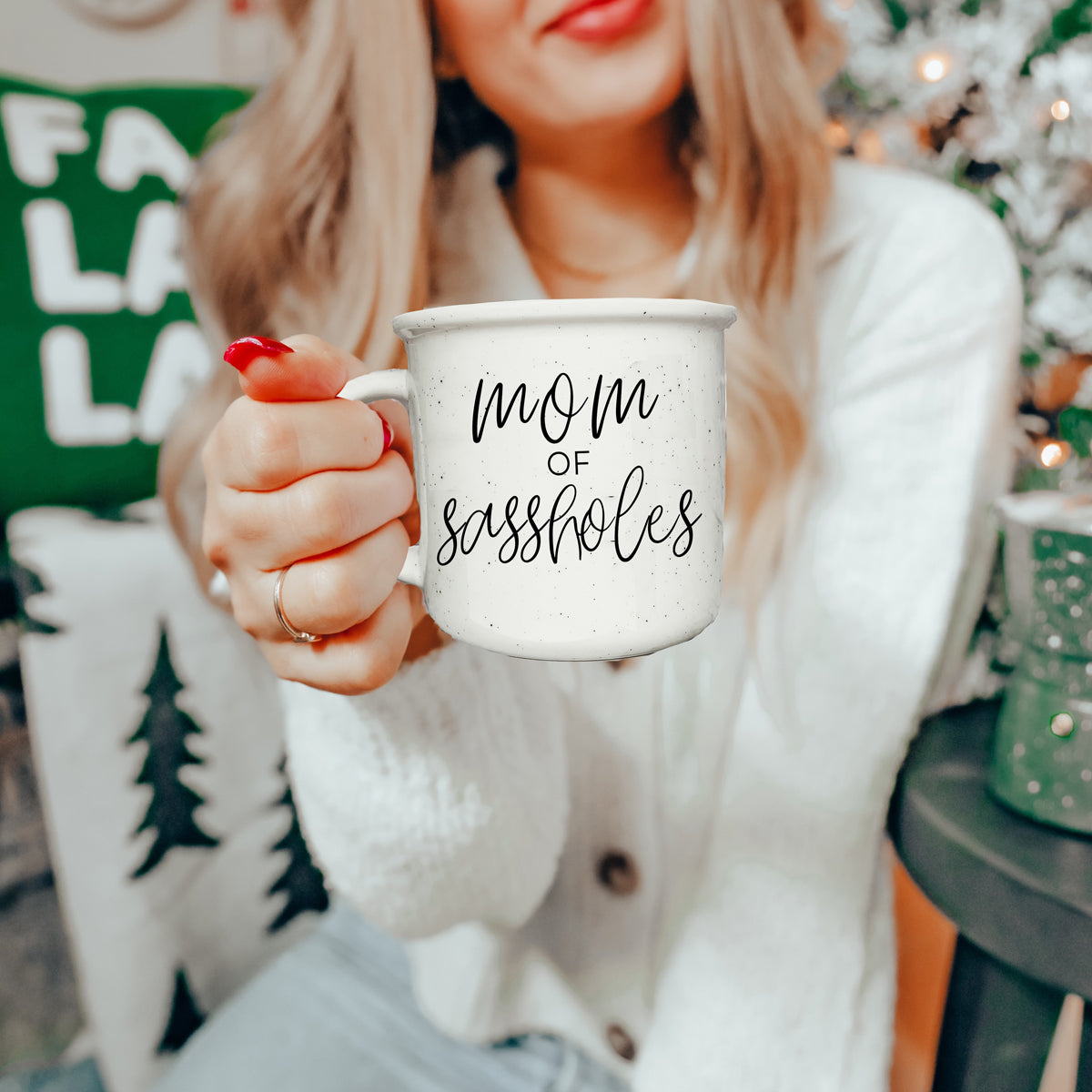 Mom Of Sassholes 14.5oz Ceramic Campfire Mug White Sesame Glaze Speckled Design Double Sided