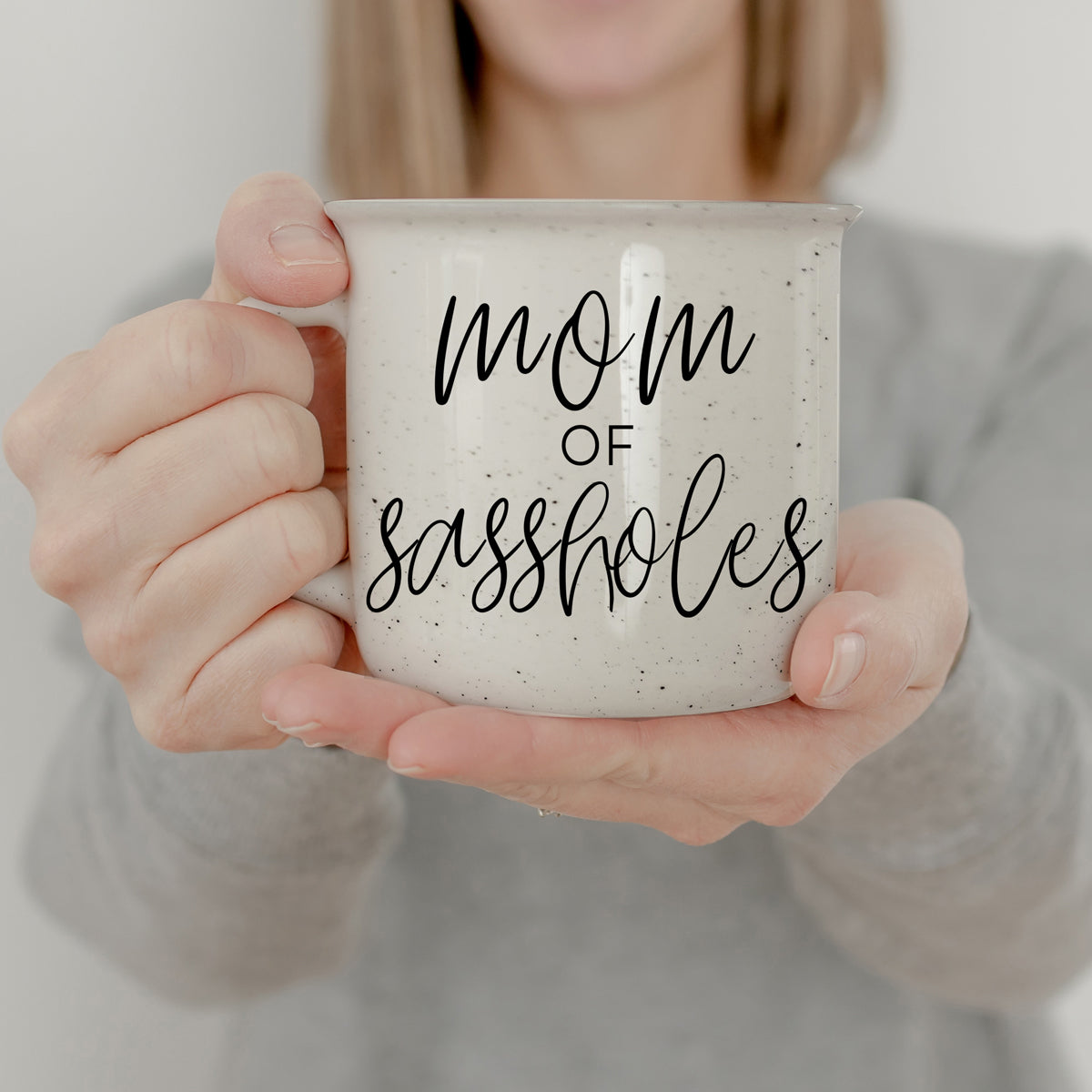 Mom Of Sassholes 14.5oz Ceramic Campfire Mug White Sesame Glaze Speckled Design Double Sided
