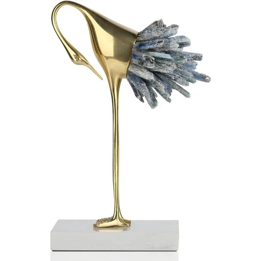 Set of 3 Vintage Golden Crane Bird Statues - Plastic Figurines with Crystal-Tipped Feathers & Brass, Wedding/Home Decor, Blue-Tinted Tail Ants, Marble-Like Base - Elegant Tabletop or Wall-Mounted Gift for & (Diecast