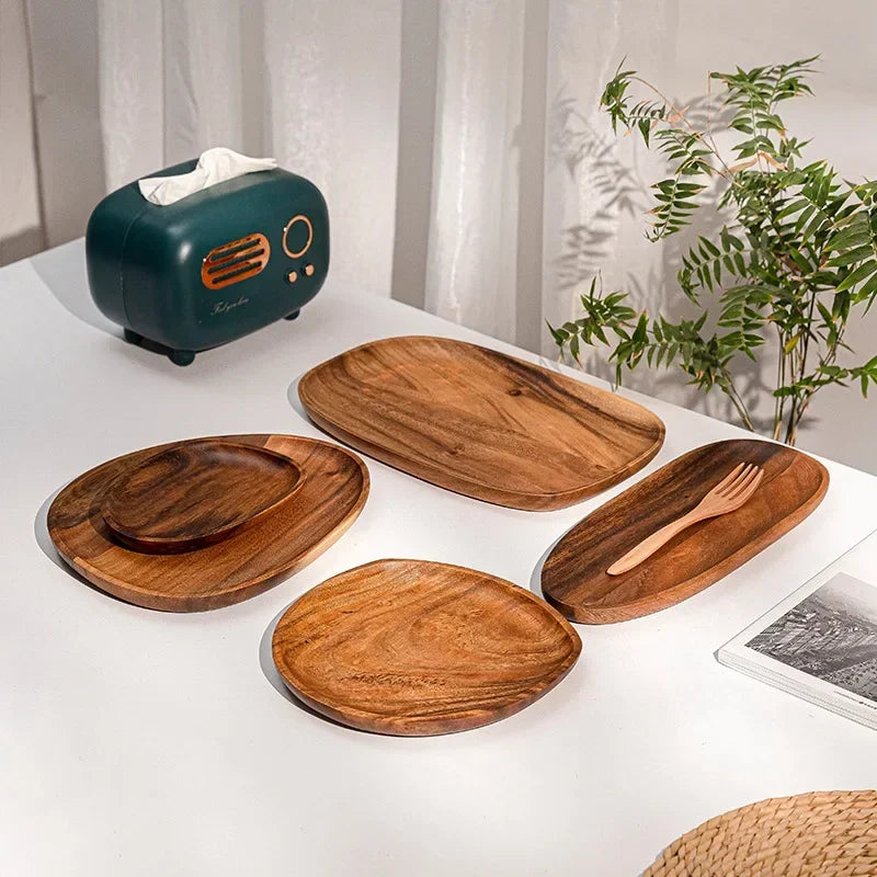 Solid Wood Oval Serving Tray with Irregular Shape for Fruit and Bread