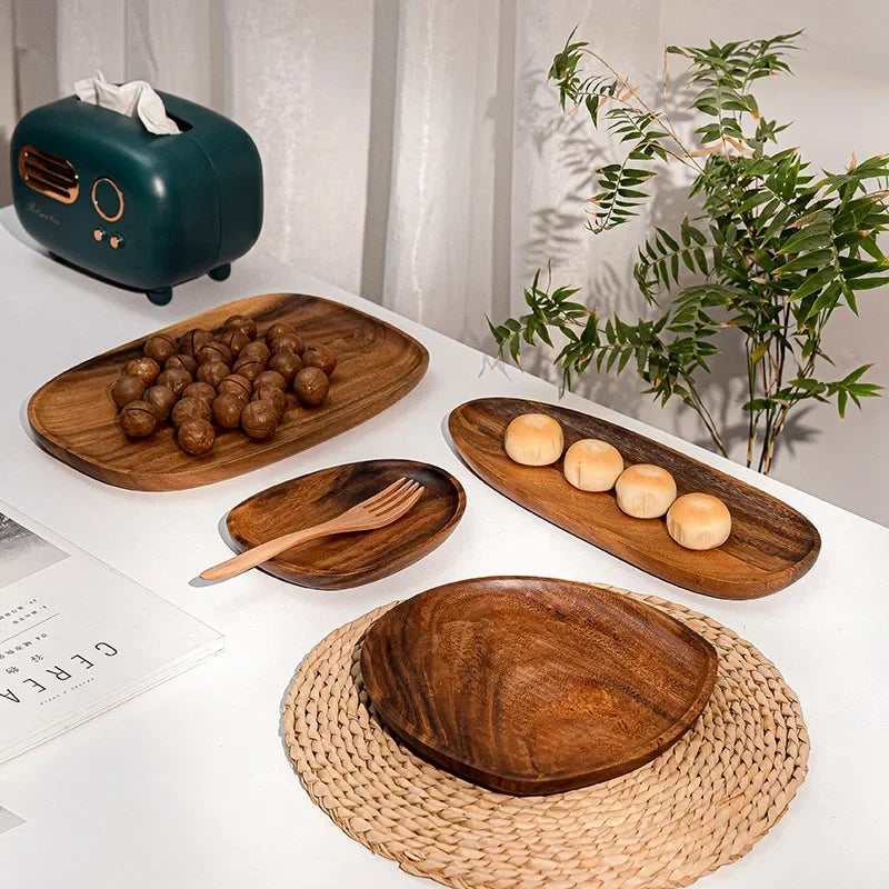Solid Wood Oval Serving Tray with Irregular Shape for Fruit and Bread
