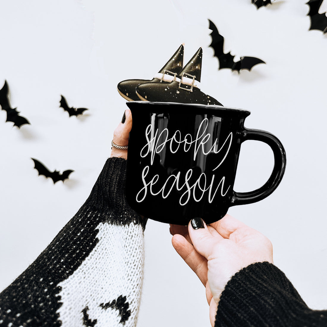 Spooky Season Black Ceramic Mug 14.5oz Halloween Coffee Cup Haunted White Graphics