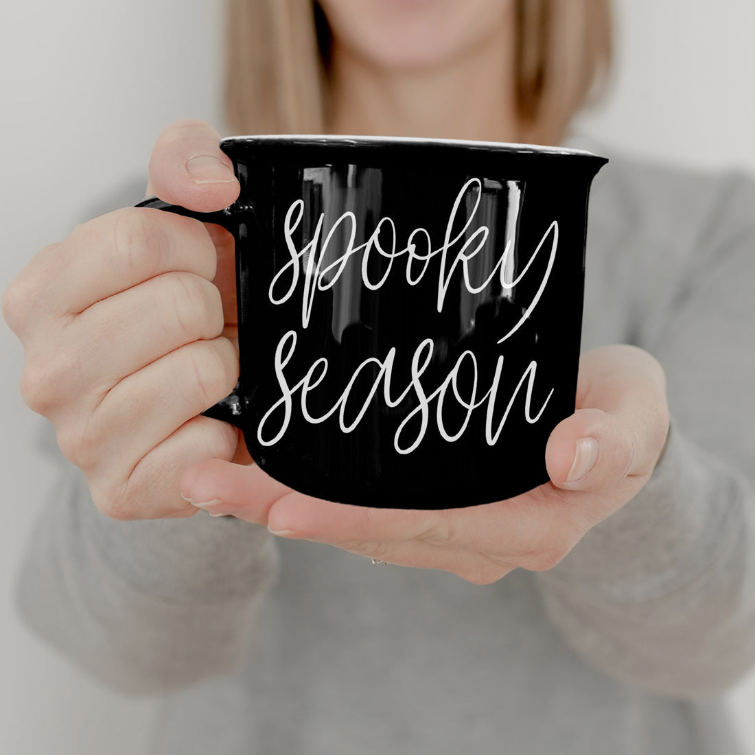 Spooky Season Black Ceramic Mug 14.5oz Halloween Coffee Cup Haunted White Graphics