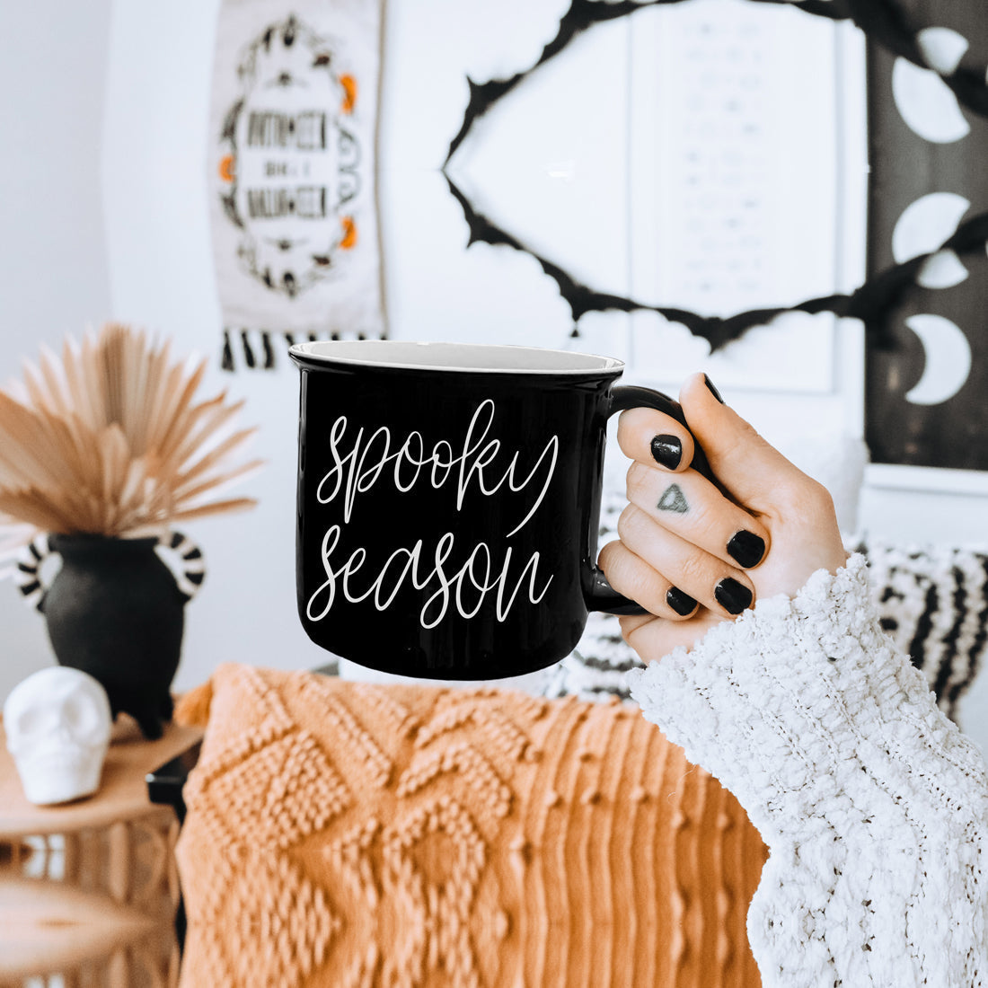 Spooky Season Black Ceramic Mug 14.5oz Halloween Coffee Cup Haunted White Graphics