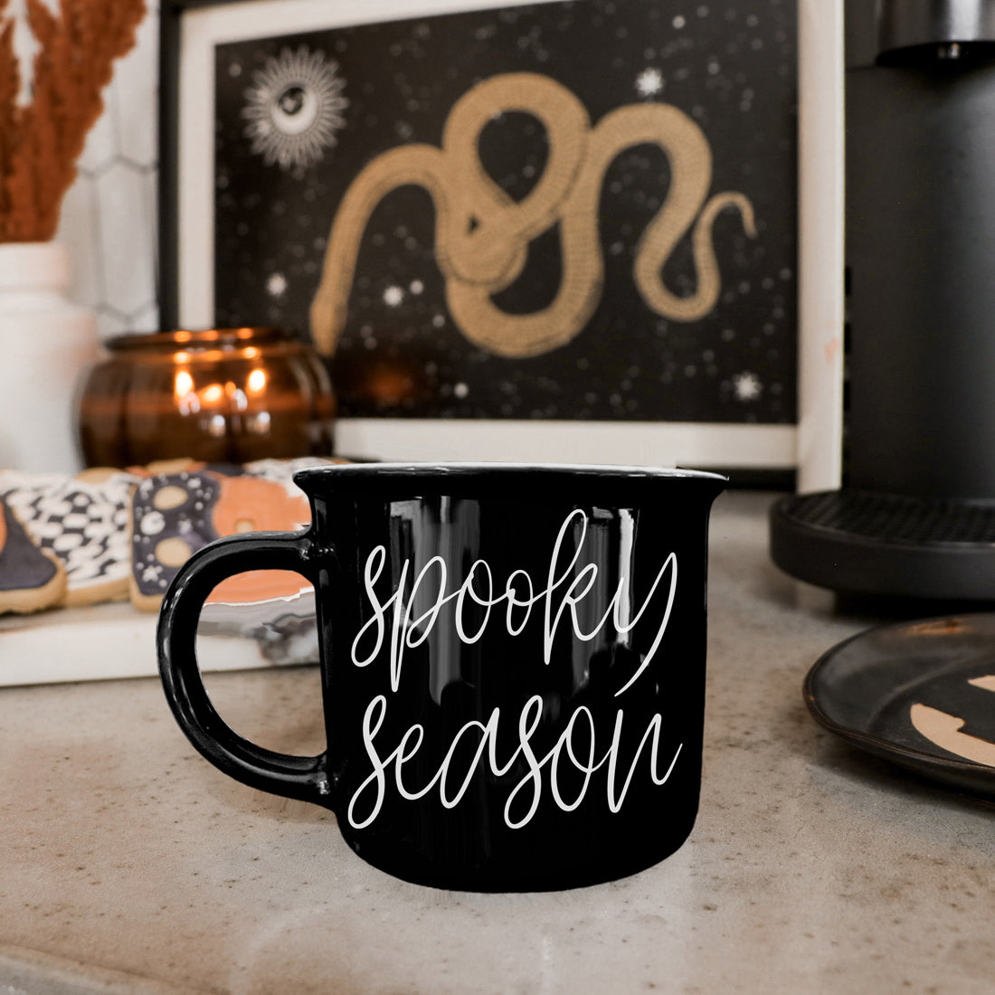 Spooky Season Black Ceramic Mug 14.5oz Halloween Coffee Cup Haunted White Graphics