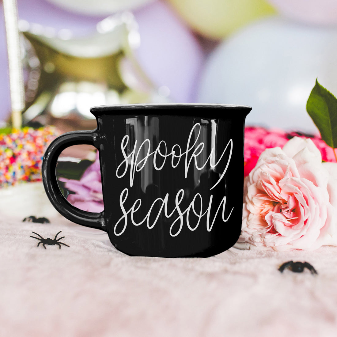 Spooky Season Black Ceramic Mug 14.5oz Halloween Coffee Cup Haunted White Graphics