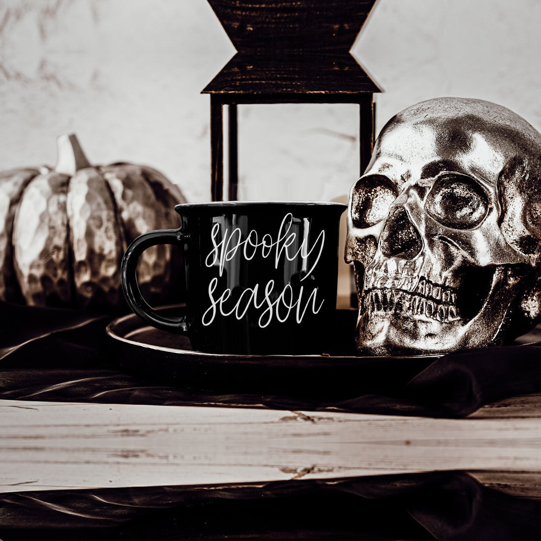 Spooky Season Black Ceramic Mug 14.5oz Halloween Coffee Cup Haunted White Graphics