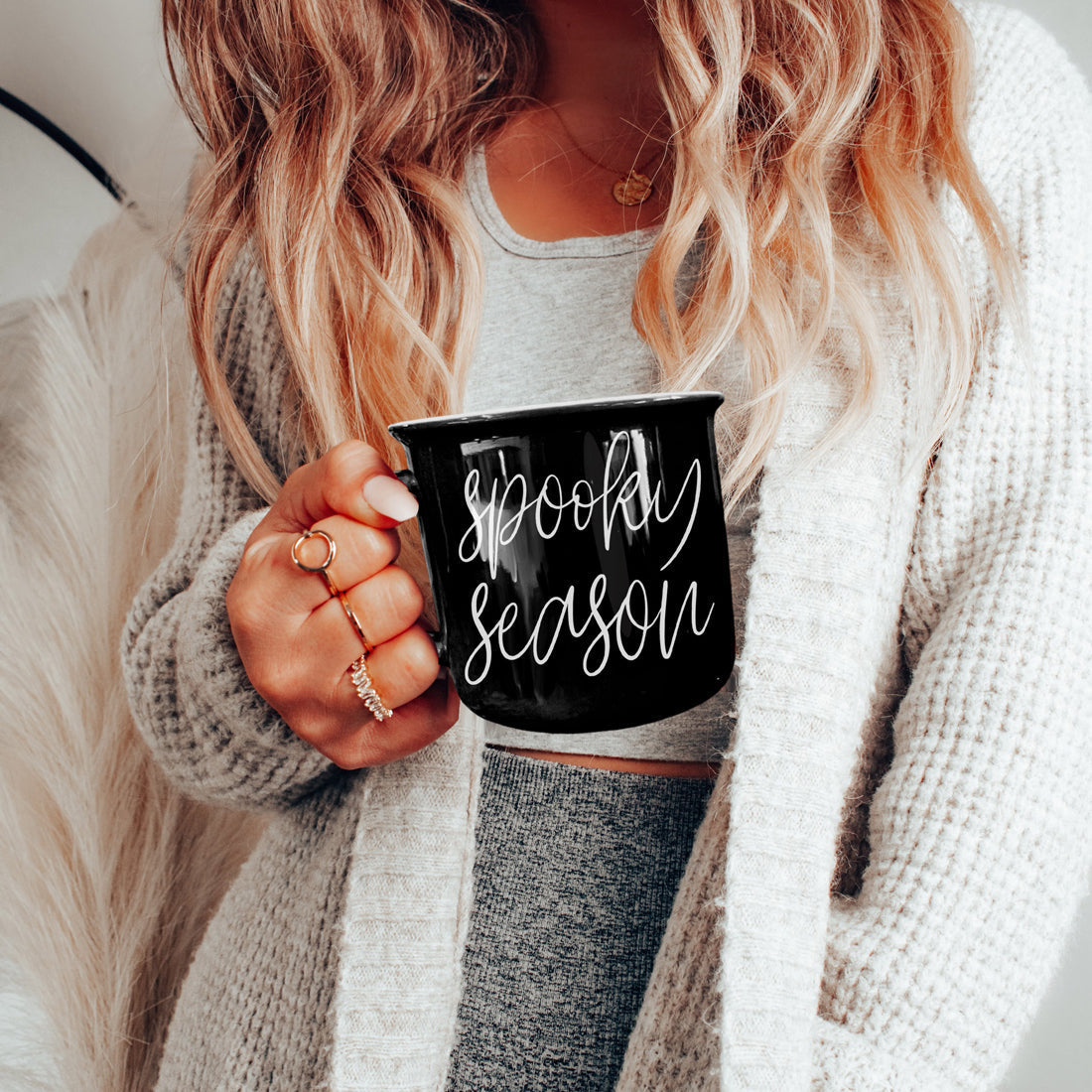 Spooky Season Black Ceramic Mug 14.5oz Halloween Coffee Cup Haunted White Graphics