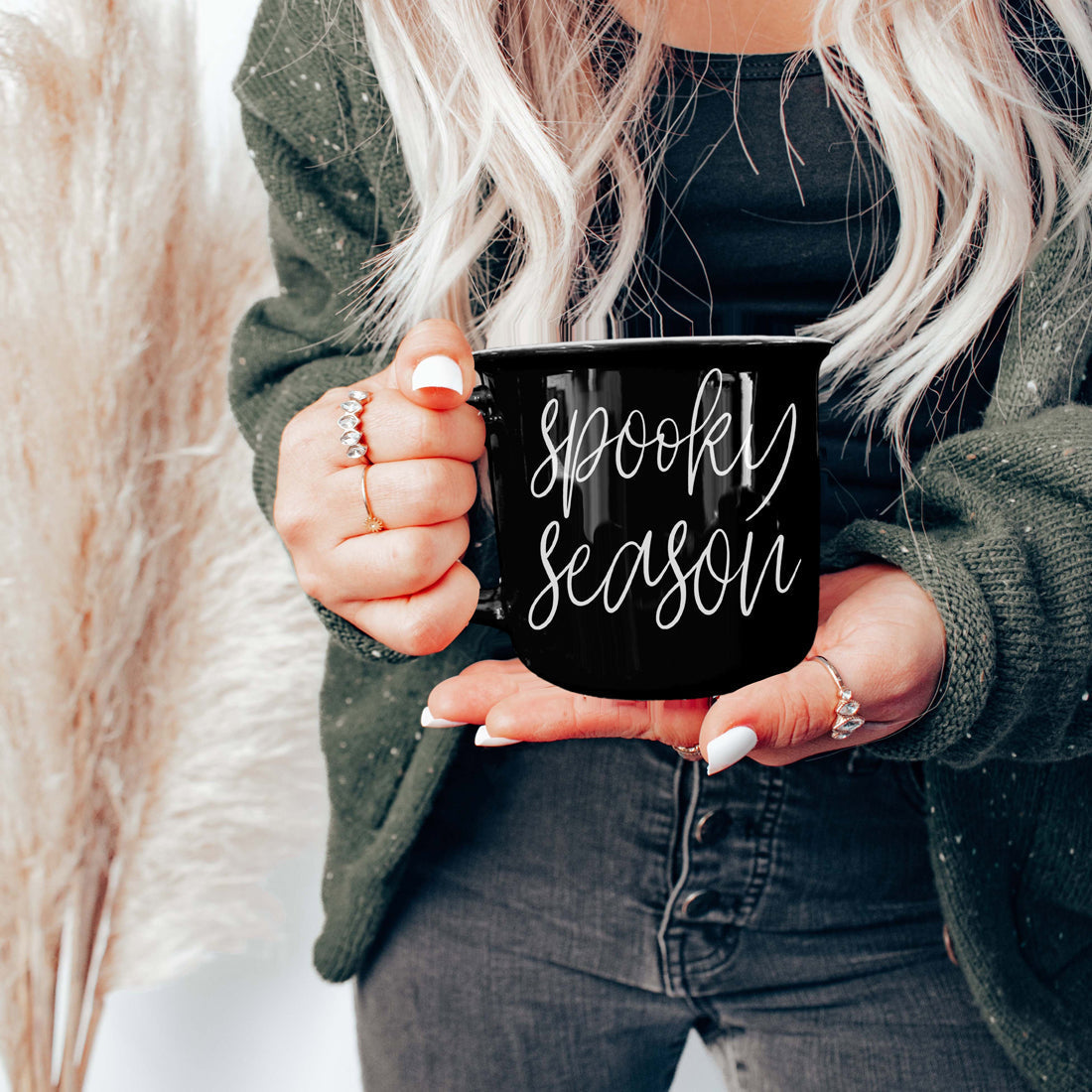 Spooky Season Black Ceramic Mug 14.5oz Halloween Coffee Cup Haunted White Graphics