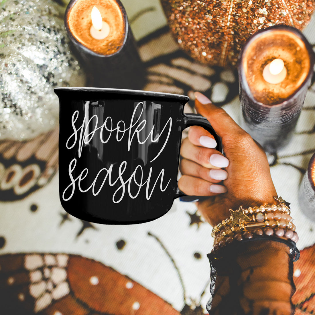 Spooky Season Black Ceramic Mug 14.5oz Halloween Coffee Cup Haunted White Graphics