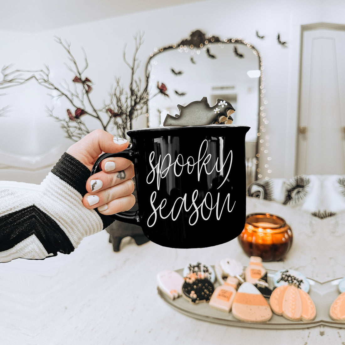 Spooky Season Black Ceramic Mug 14.5oz Halloween Coffee Cup Haunted White Graphics