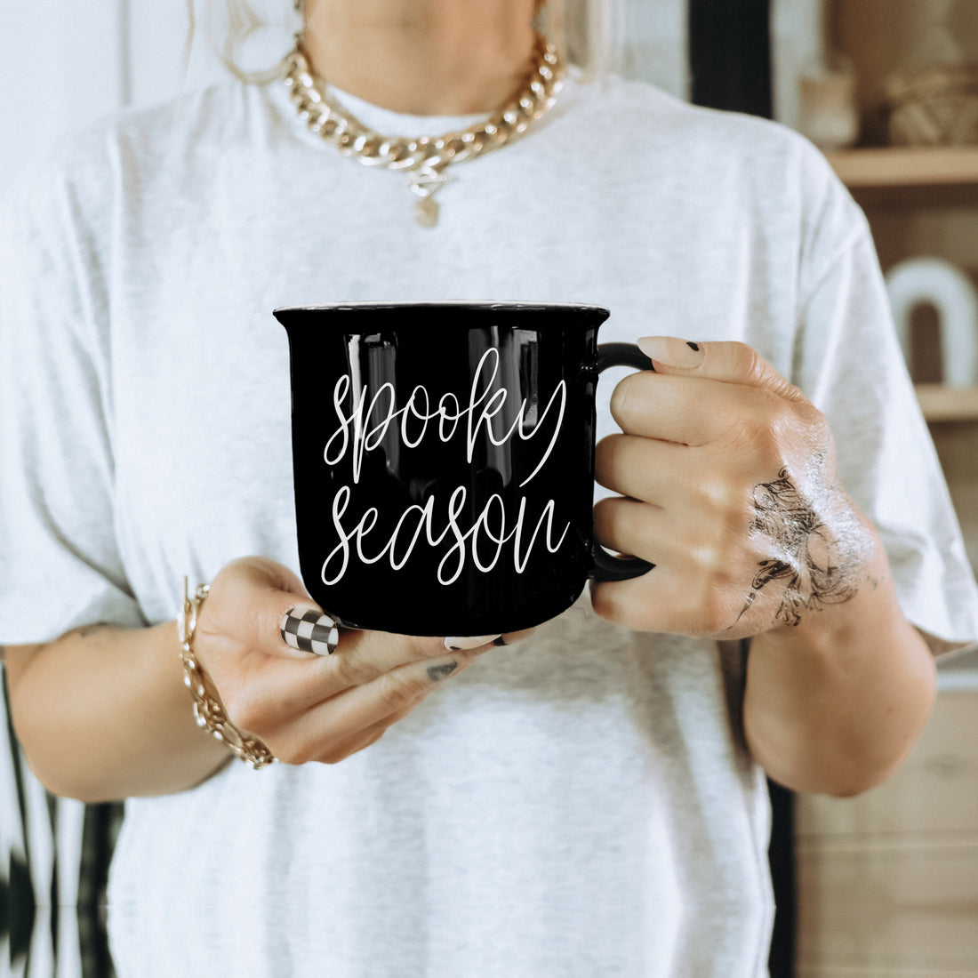 Spooky Season Black Ceramic Mug 14.5oz Halloween Coffee Cup Haunted White Graphics