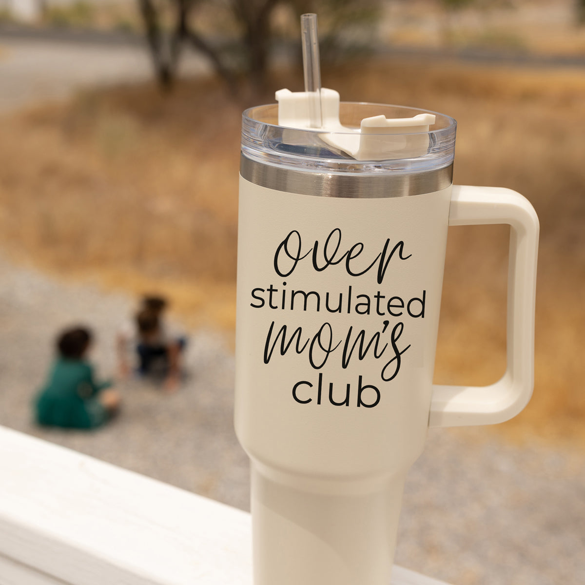 Over Stimulated 40oz Insulated Travel Mug With Handle Lid Straw Moms Tumbler