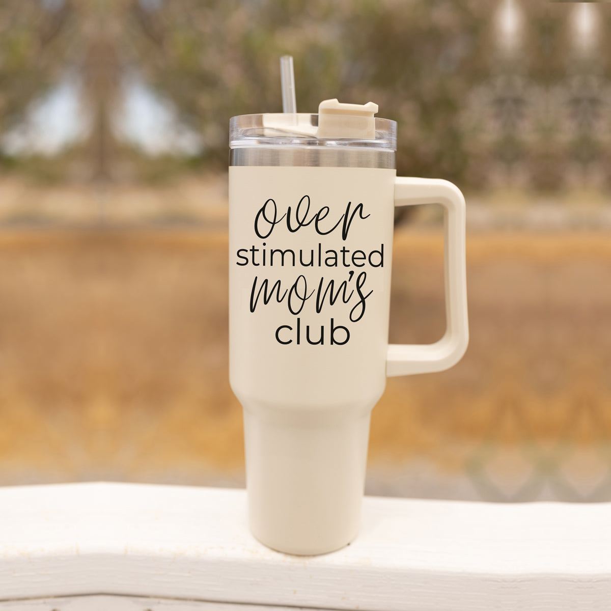 Over Stimulated 40oz Insulated Travel Mug With Handle Lid Straw Moms Tumbler