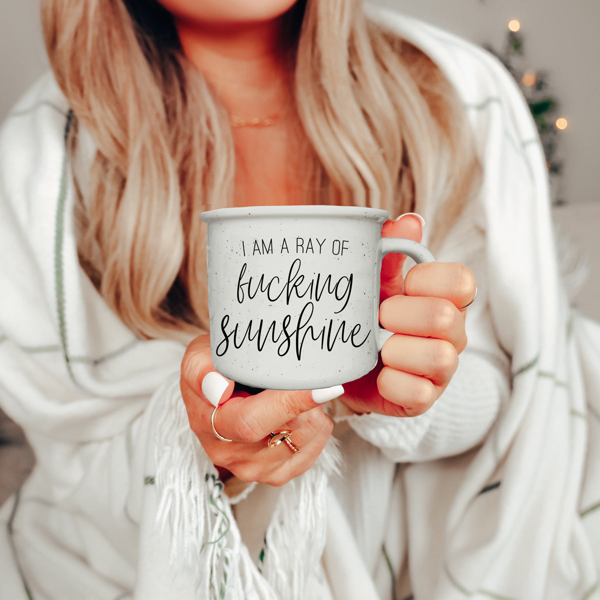 14.5oz Ceramic Campfire Mug White Sesame Glaze Speckled Ivory Black Lettering Design Both Sides Gift