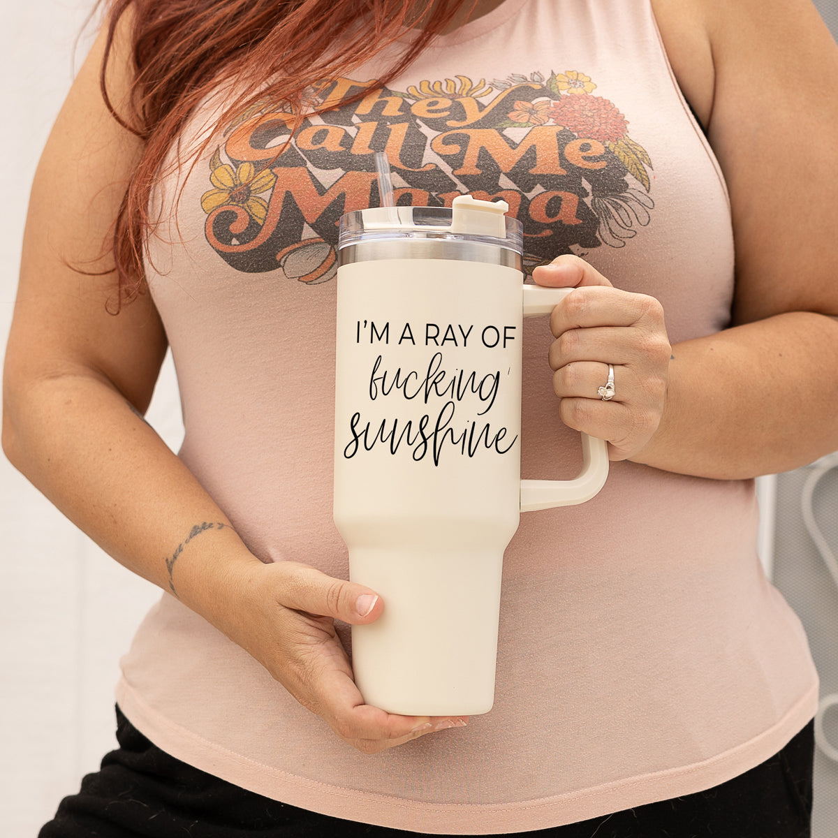 Ray Of Sunshine 40oz Insulated Travel Mug With Handle Lid And Straw