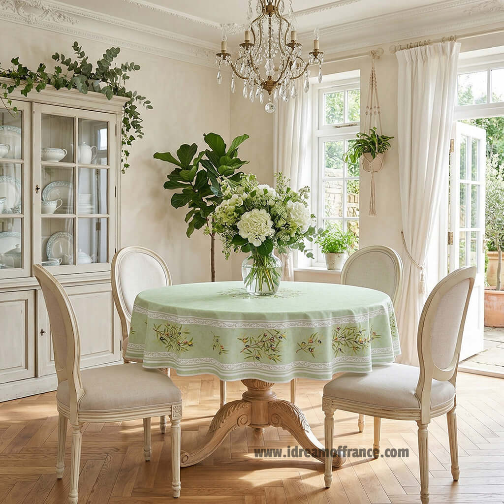 French Provencal tablecloth - Cotton, natural or acrylic-coated - 70" round - Clos des Oliviers green | Label France