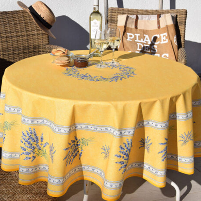 French Provencal tablecloth - Acrylic coated cotton, Spill-proof - 70" Round - Valensole yellow | Label France