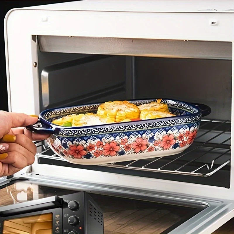 Vibrant Floral Embossed 1pc Polish Ceramic Baking Dish - 9"x5.3" Rectangular Plate with Dual Handles for Lasagna, Salads & Cheese Bakes - Durable Hand-Painted Design for Home Cooking