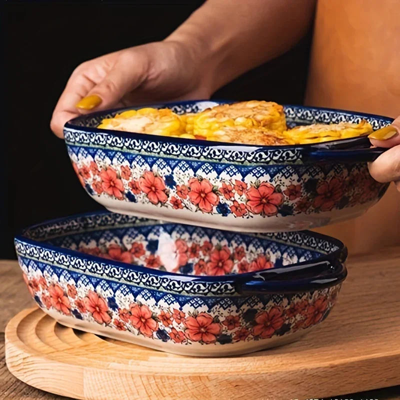 Vibrant Floral Embossed 1pc Polish Ceramic Baking Dish - 9"x5.3" Rectangular Plate with Dual Handles for Lasagna, Salads & Cheese Bakes - Durable Hand-Painted Design for Home Cooking