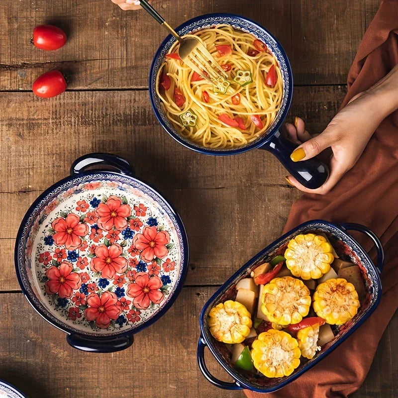 Vibrant Floral Embossed 1pc Polish Ceramic Baking Dish - 9"x5.3" Rectangular Plate with Dual Handles for Lasagna, Salads & Cheese Bakes - Durable Hand-Painted Design for Home Cooking