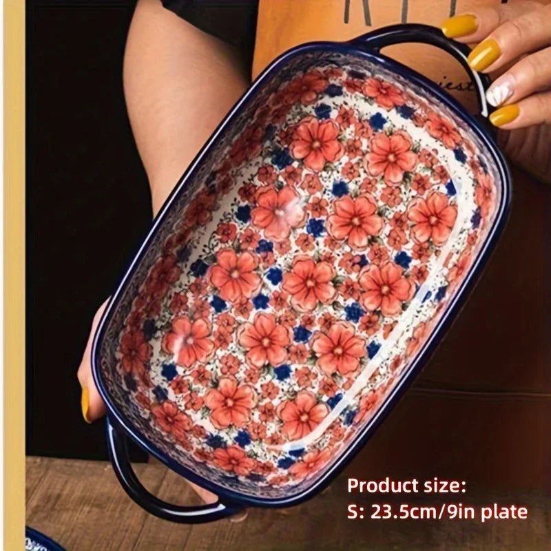 Vibrant Floral Embossed 1pc Polish Ceramic Baking Dish - 9"x5.3" Rectangular Plate with Dual Handles for Lasagna, Salads & Cheese Bakes - Durable Hand-Painted Design for Home Cooking