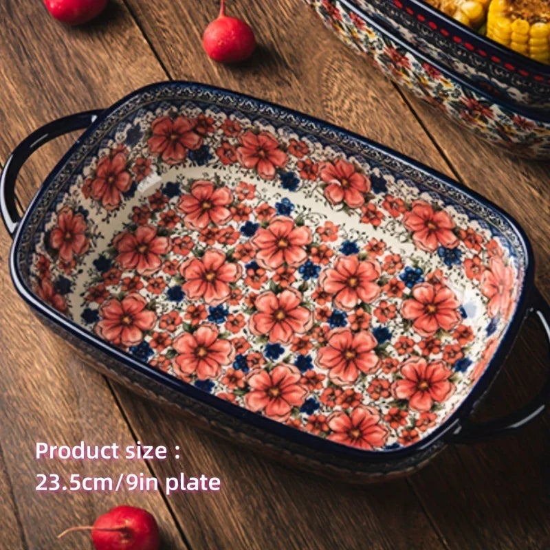 Vibrant Floral Embossed 1pc Polish Ceramic Baking Dish - 9"x5.3" Rectangular Plate with Dual Handles for Lasagna, Salads & Cheese Bakes - Durable Hand-Painted Design for Home Cooking