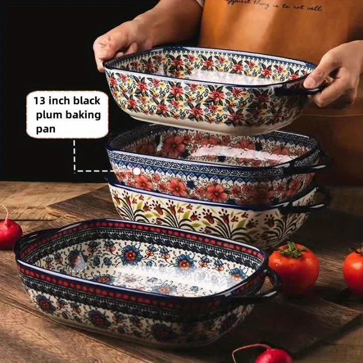 Vibrant Floral Embossed 1pc Polish Ceramic Baking Dish - 9"x5.3" Rectangular Plate with Dual Handles for Lasagna, Salads & Cheese Bakes - Durable Hand-Painted Design for Home Cooking