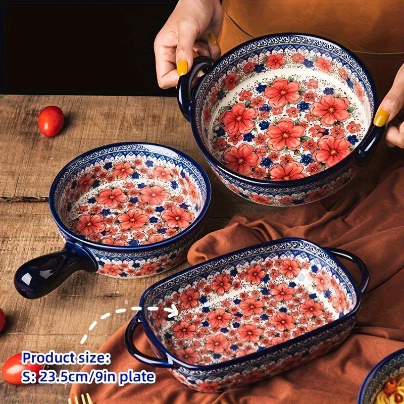 Vibrant Floral Embossed 1pc Polish Ceramic Baking Dish - 9"x5.3" Rectangular Plate with Dual Handles for Lasagna, Salads & Cheese Bakes - Durable Hand-Painted Design for Home Cooking