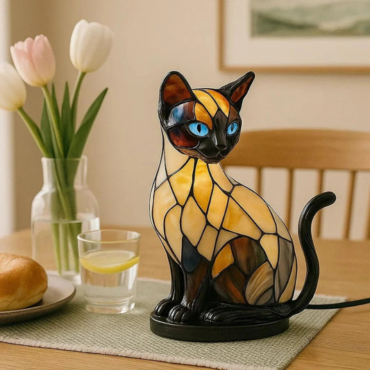 Vintage 3D Stained Glass Lamp - USB-Powered Resin LED Night Light with Sitting Design, Cozy Glow Desk & Mantel Decor, Decorative Table Lamp for Lovers, Safe Low Voltage (Under 36V) - Ideal Gift for Pet Owners, Home & Office A