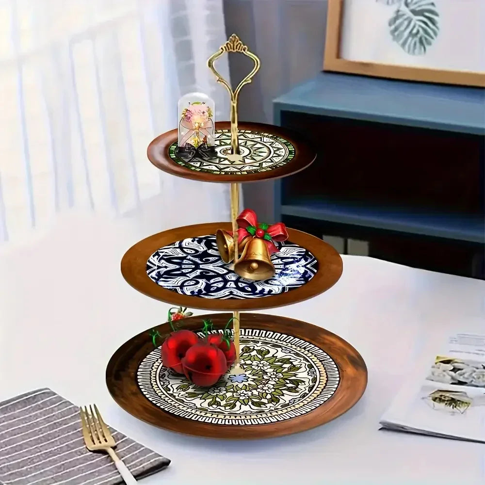 Wood Display Stand - 3-Tier Floral Pattern