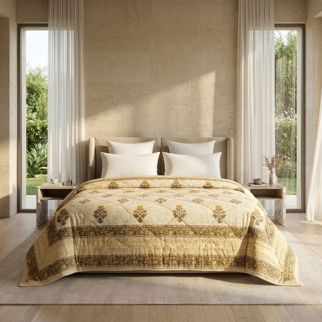House of Avana Light Grey & Charcoal Floral Jaipur Indian Hand Block Print Quilted Comforter