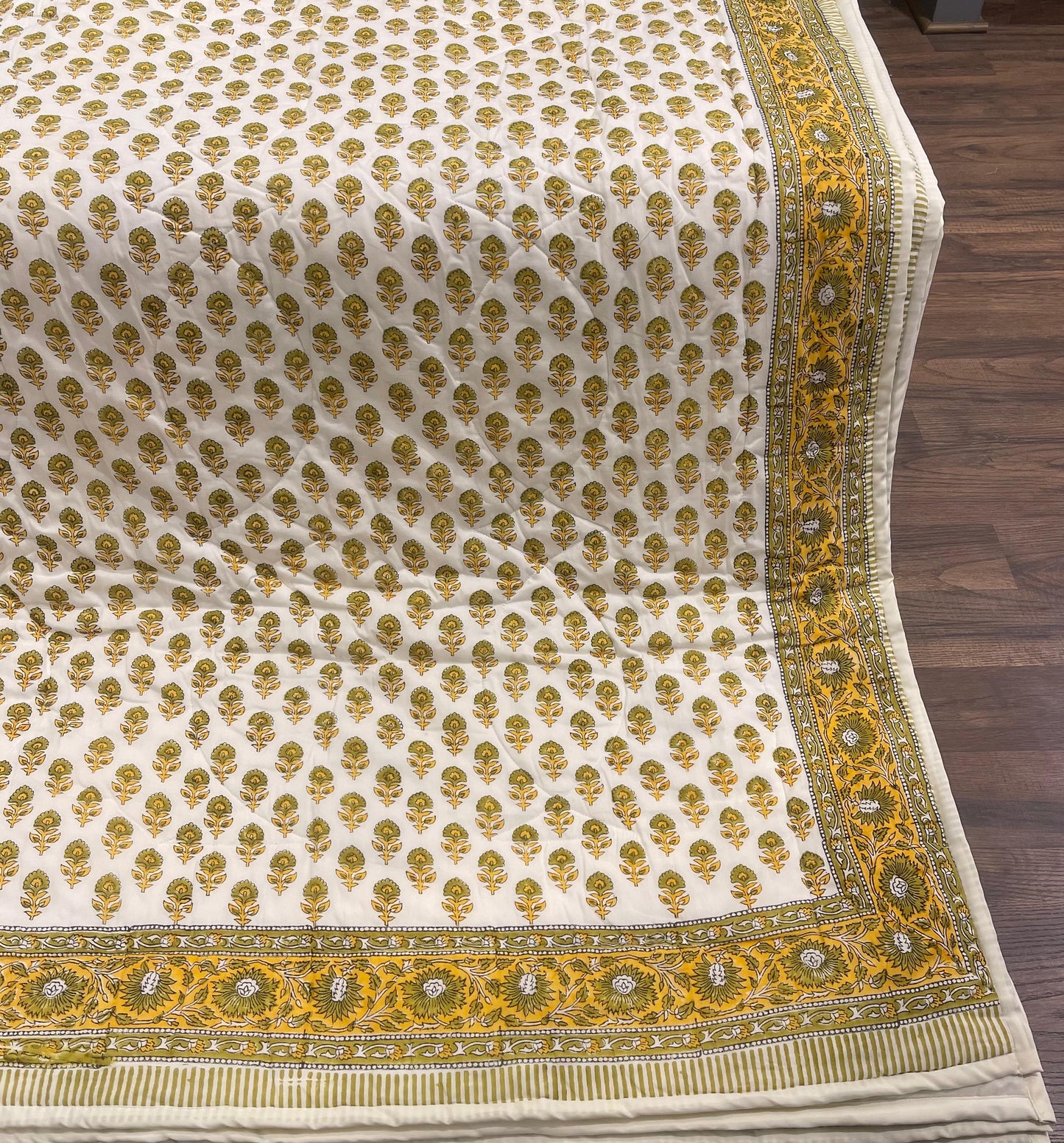 House of Avana Cream & Mustard Yellow Floral Jaipur Indian Hand Block Print Quilted Comforter